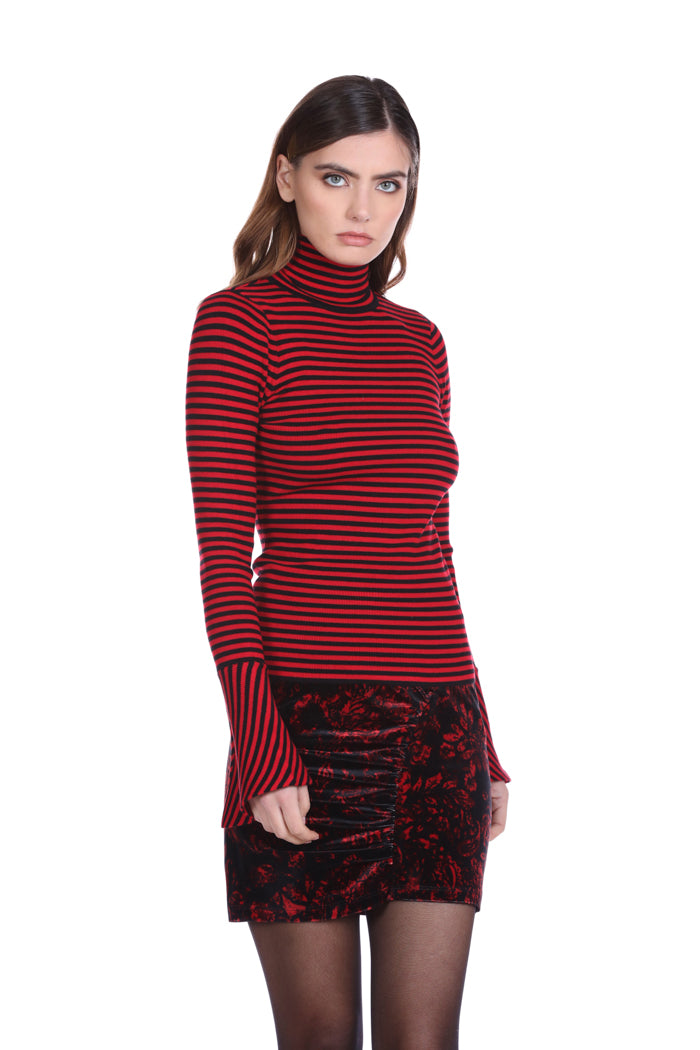 MEGISFRE 长袖喇叭形高领条纹毛衣