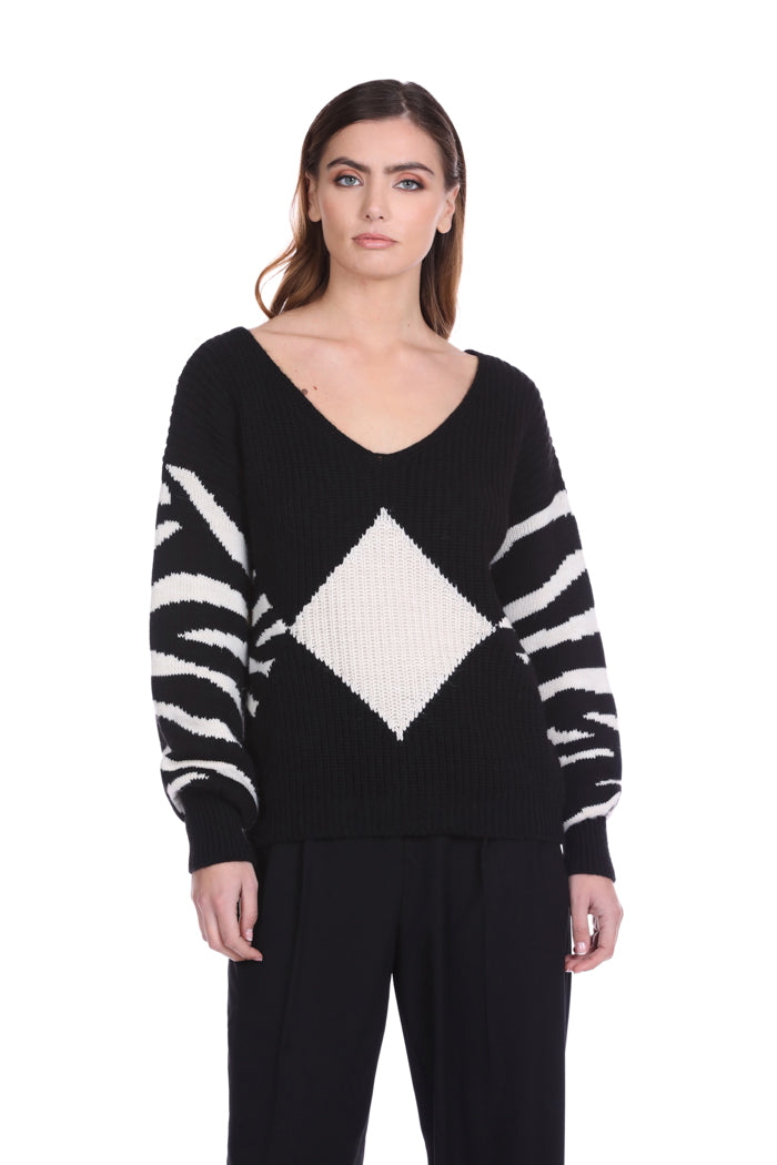 SATIWA 长袖卫衣双V领宽动物纹提花加菱形