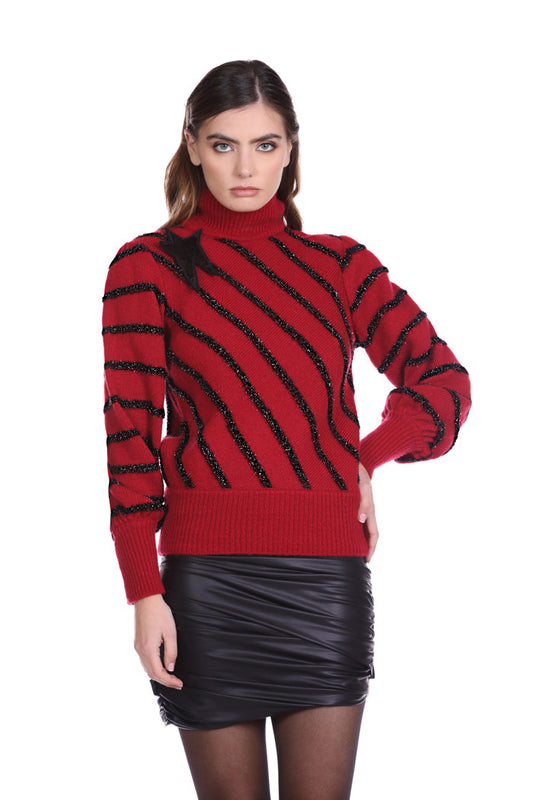 TROCED 金银丝细节加星星胸针长袖气球高领毛衣