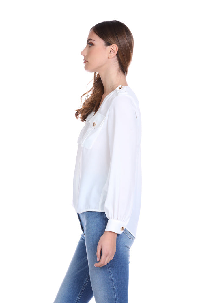 SERVAP 女式衬衫长袖交叉领口，带 Mar 加口袋加金色纽扣