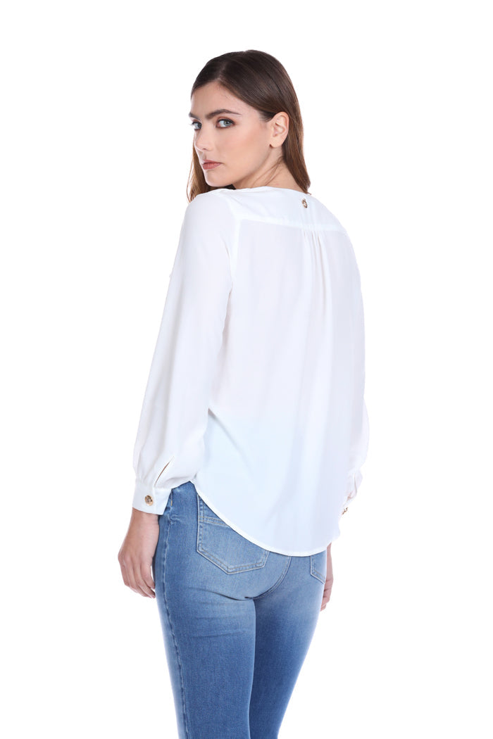 SERVAP 女式衬衫长袖交叉领口，带 Mar 加口袋加金色纽扣