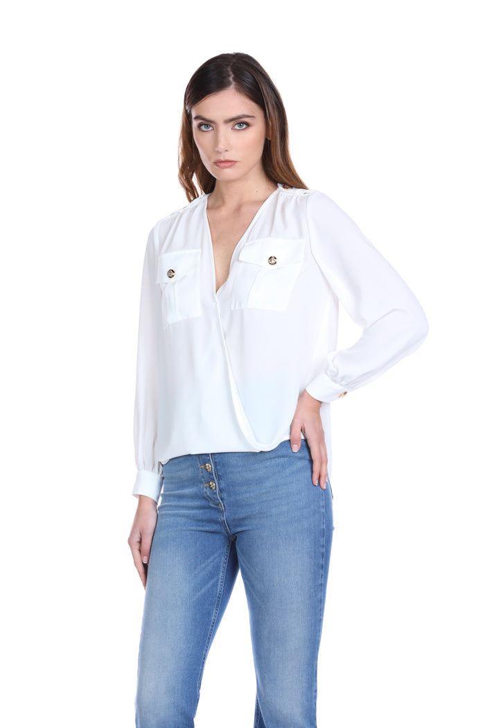 SERVAP 女式衬衫长袖交叉领口，带 Mar 加口袋加金色纽扣