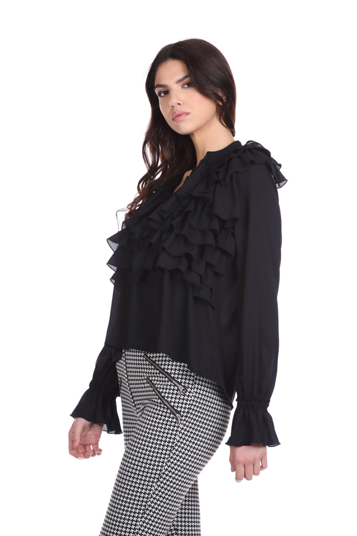 SFRINGER 褶皱韩式领口长袖衬衫