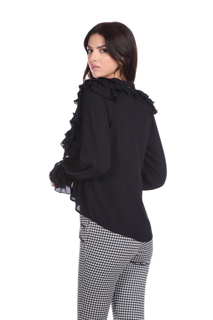 SFRINGER 褶皱韩式领口长袖衬衫