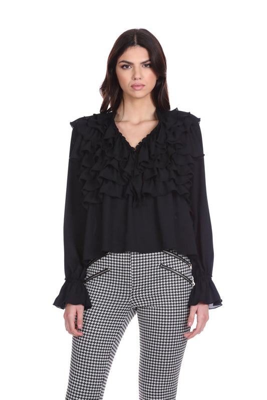 SFRINGER 褶皱韩式领口长袖衬衫