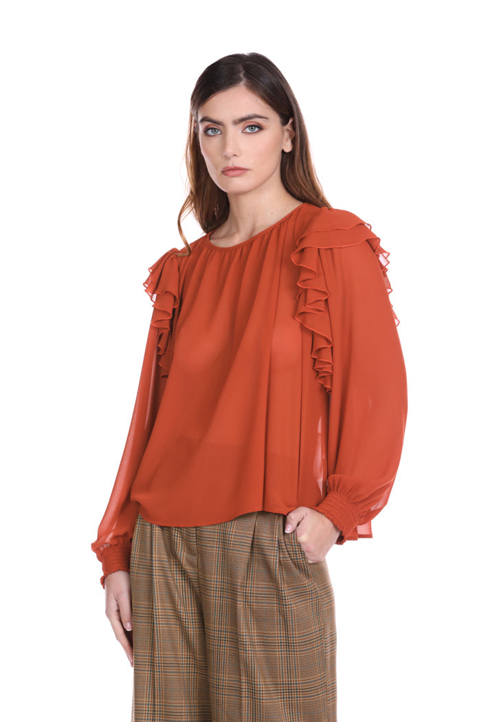 RASHA 女式衬衫，采用喷花褶边面料制成