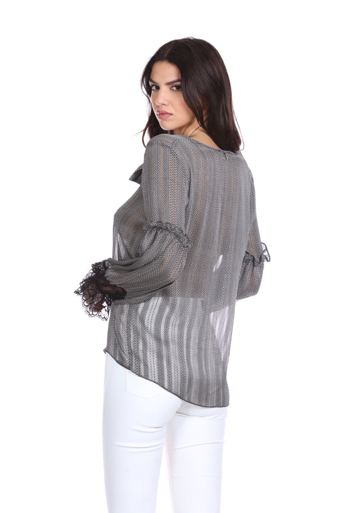 STEVIU 长袖衬衫，带荷叶边和蕾丝嵌花，带蕾丝和卢勒克斯人字形翻盖