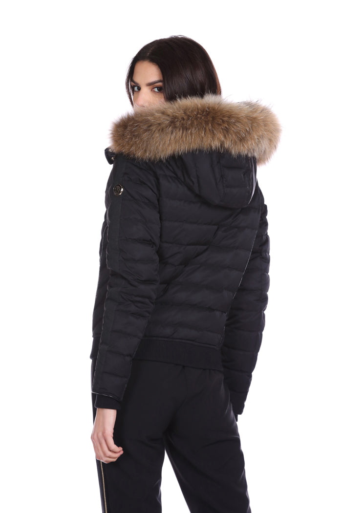 RIVERS 短款长袖羽绒服，生态皮革细节加罗纹边缘加毛皮风帽