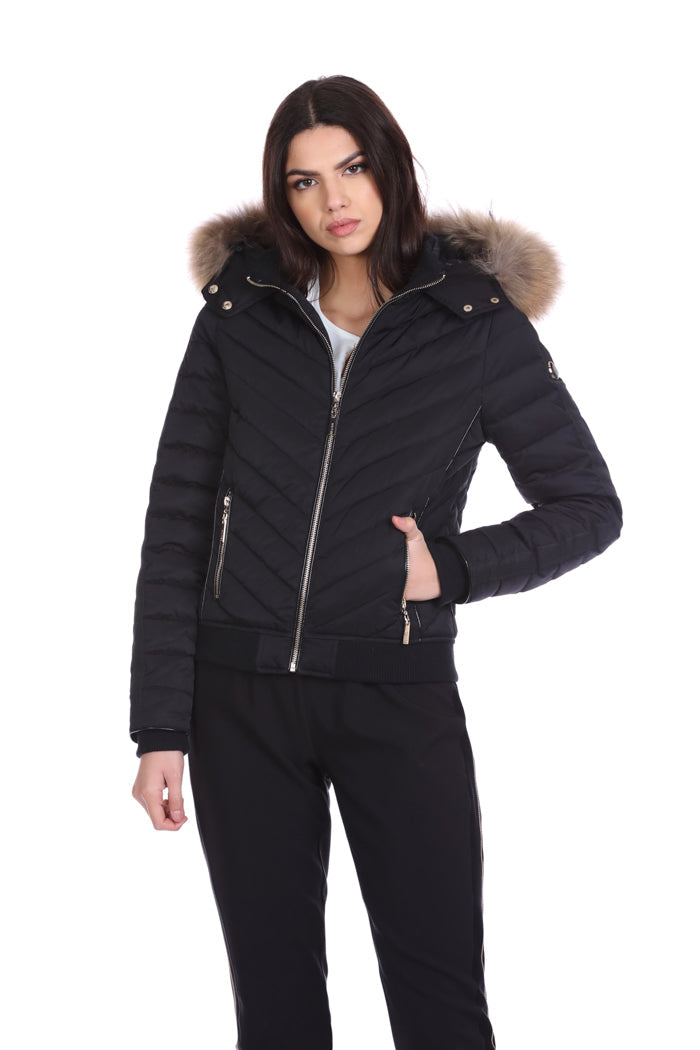 RIVERS 短款长袖羽绒服，生态皮革细节加罗纹边缘加毛皮风帽
