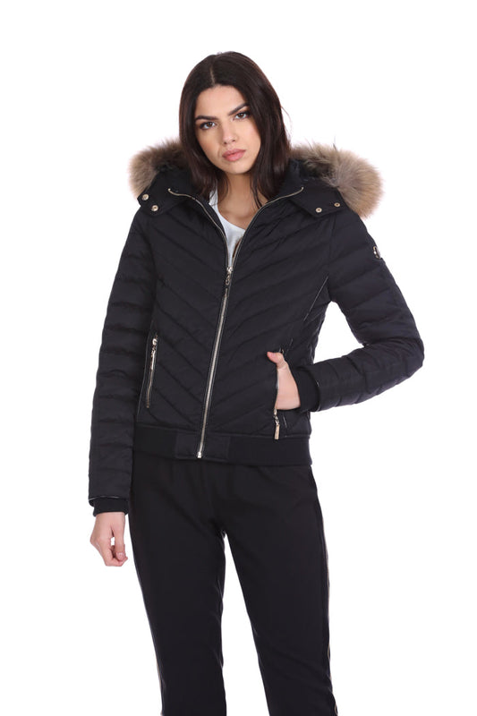 RIVERS 短款长袖羽绒服，生态皮革细节加罗纹边缘加毛皮风帽