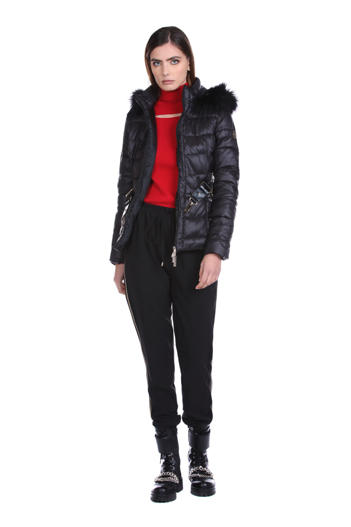 ELVAS 长袖羽绒服，连帽可拆卸。 plus 人造皮草饰边 plus 腰带