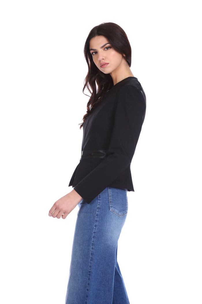 VIUFE 无领短款长袖夹克，带拉链和人造皮革嵌件