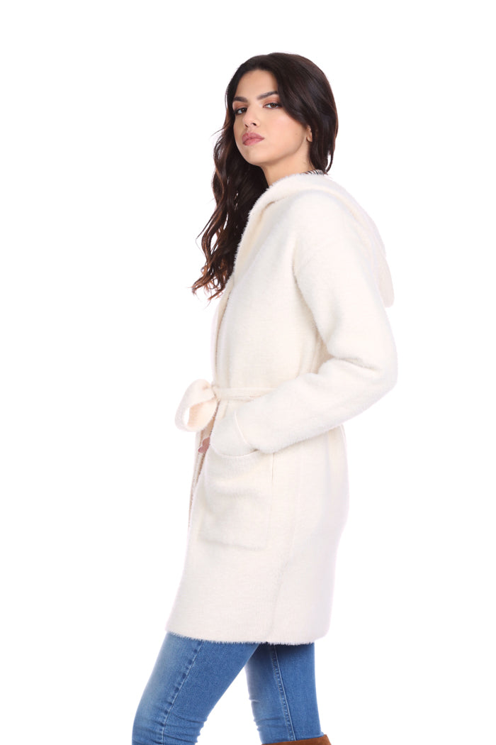 WILURDS 大衣连帽加腰带加口袋毛纱补丁