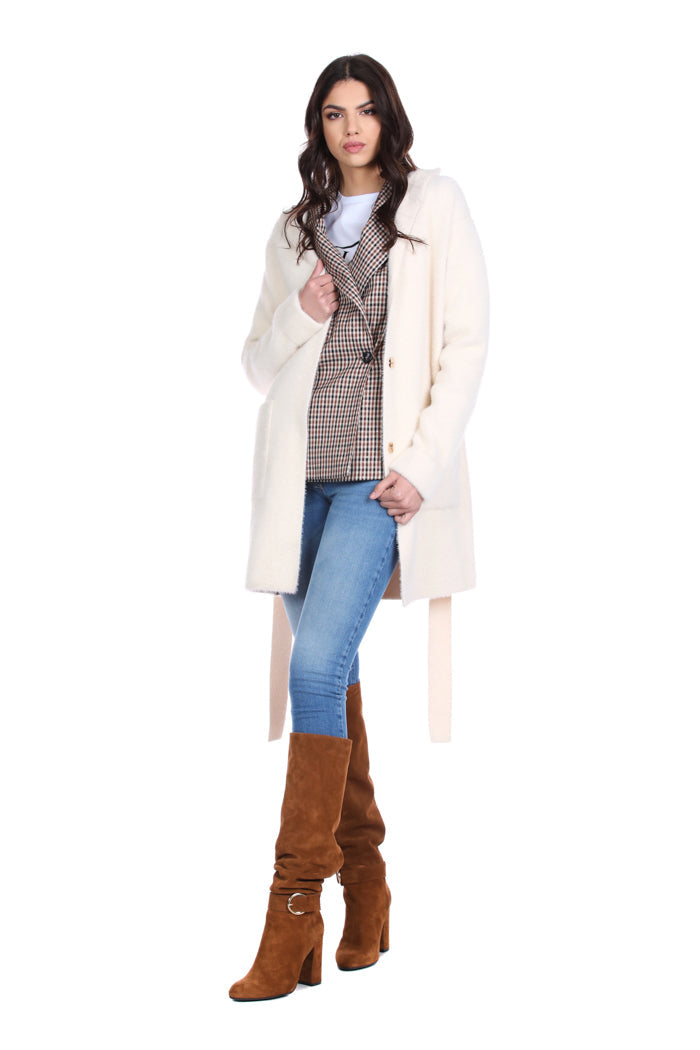 WILURDS 大衣连帽加腰带加口袋毛纱补丁