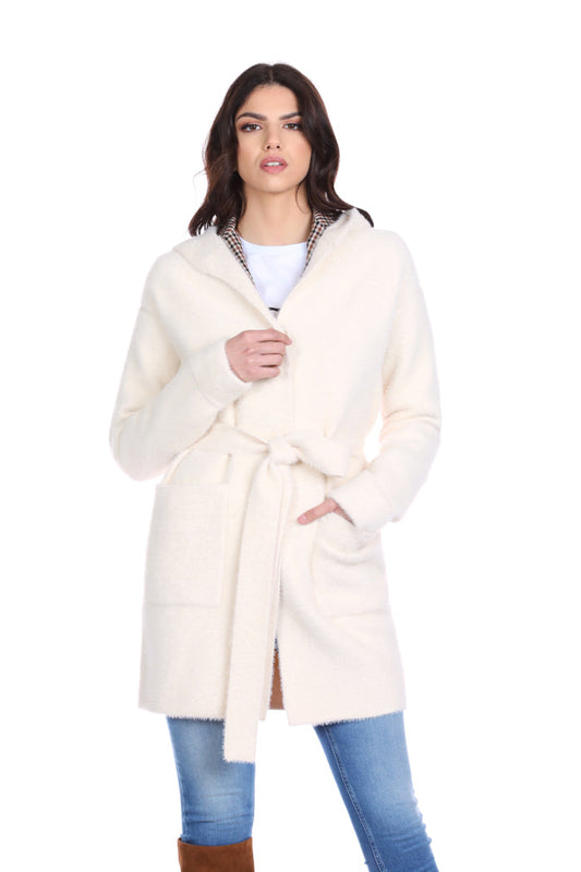 WILURDS 大衣连帽加腰带加口袋毛纱补丁