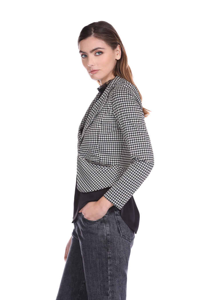 SENFGY 短款长袖夹克 1 颗纽扣加口袋，格子拉链