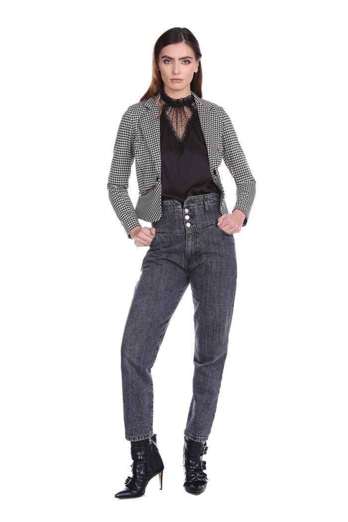 SENFGY 短款长袖夹克 1 颗纽扣加口袋，格子拉链