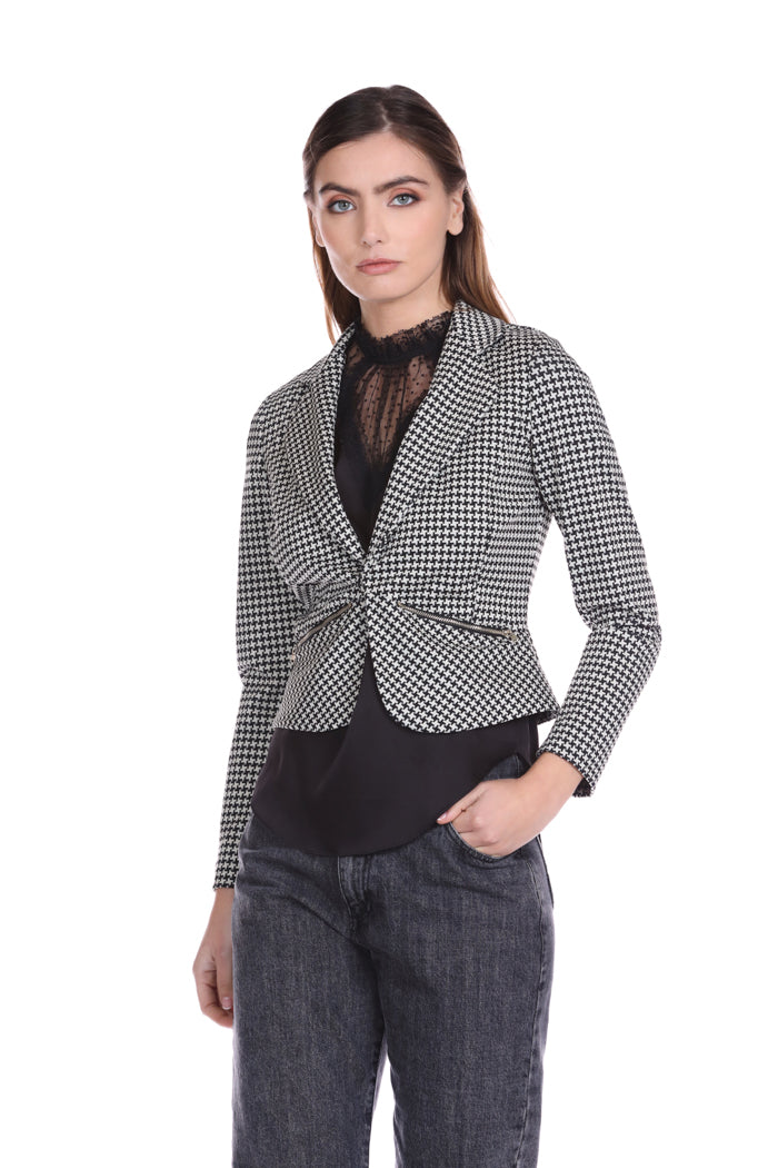 SENFGY 短款长袖夹克 1 颗纽扣加口袋，格子拉链