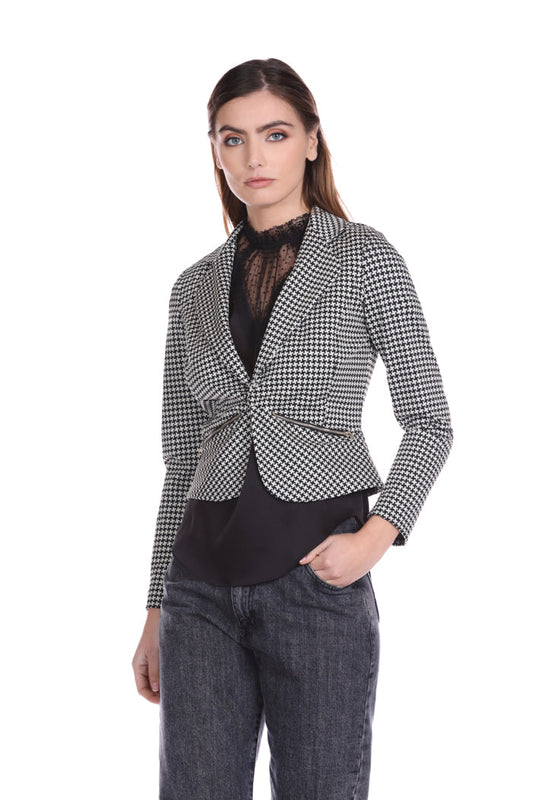 SENFGY 短款长袖夹克 1 颗纽扣加口袋，格子拉链