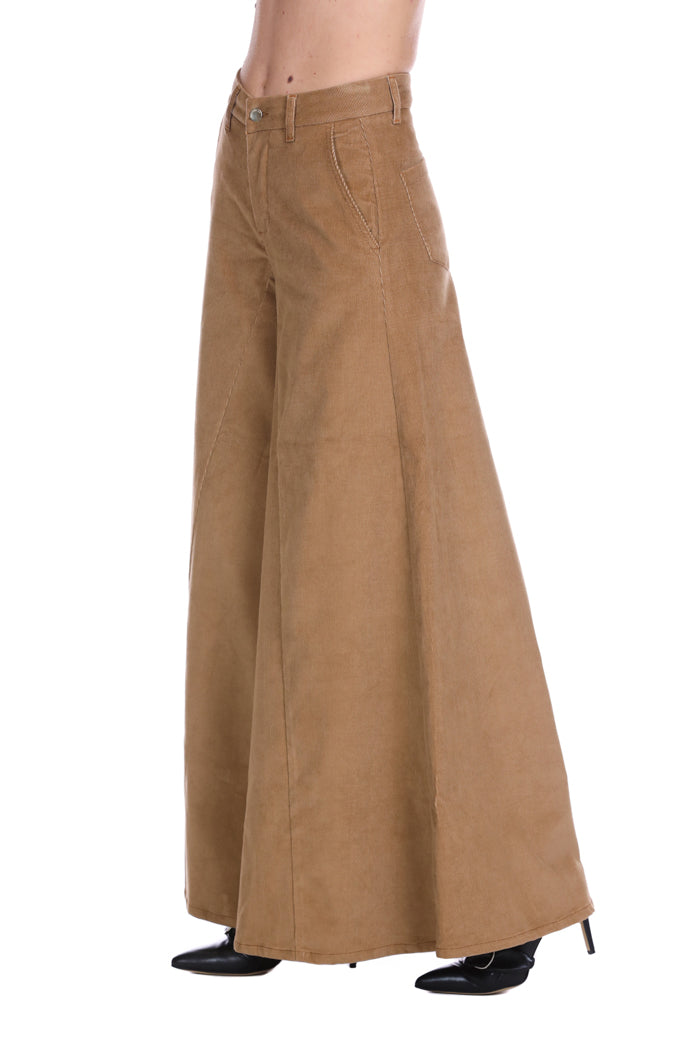 TUTALA法式口袋丝绒千条纹高腰阔腿裤