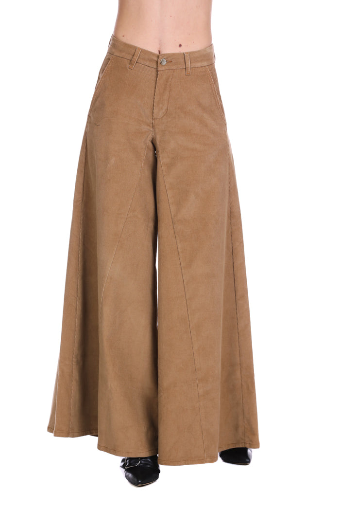 TUTALA法式口袋丝绒千条纹高腰阔腿裤