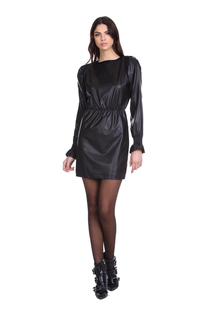 SANFERT 短款长袖卷边连衣裙加吊坠复古烟熏拼接加收腰