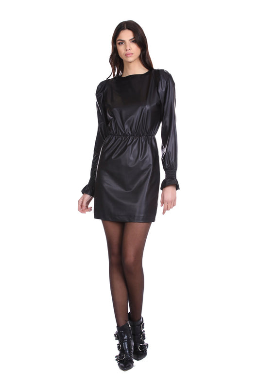 SANFERT 短款长袖卷边连衣裙加吊坠复古烟熏拼接加收腰