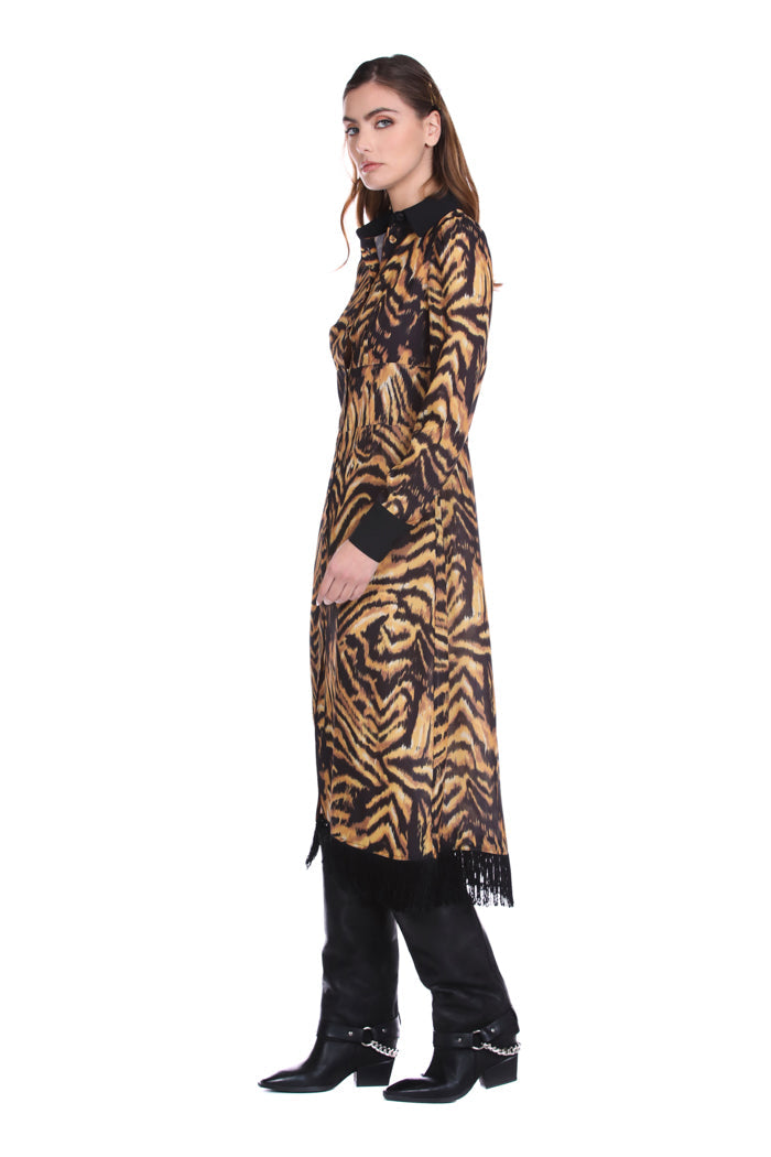 VELLIO_长袖中长连衣裙，带扇形流苏。动物性的
