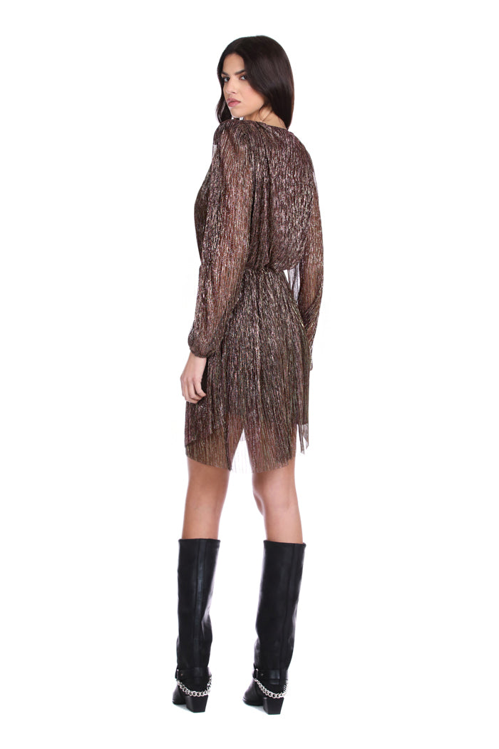 STUDSA 短款长袖交叉领口褶皱卢勒克斯卷边连衣裙