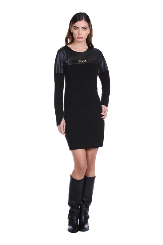 YUKLEDI 短款长袖连衣裙，带人造皮革嵌件和链条