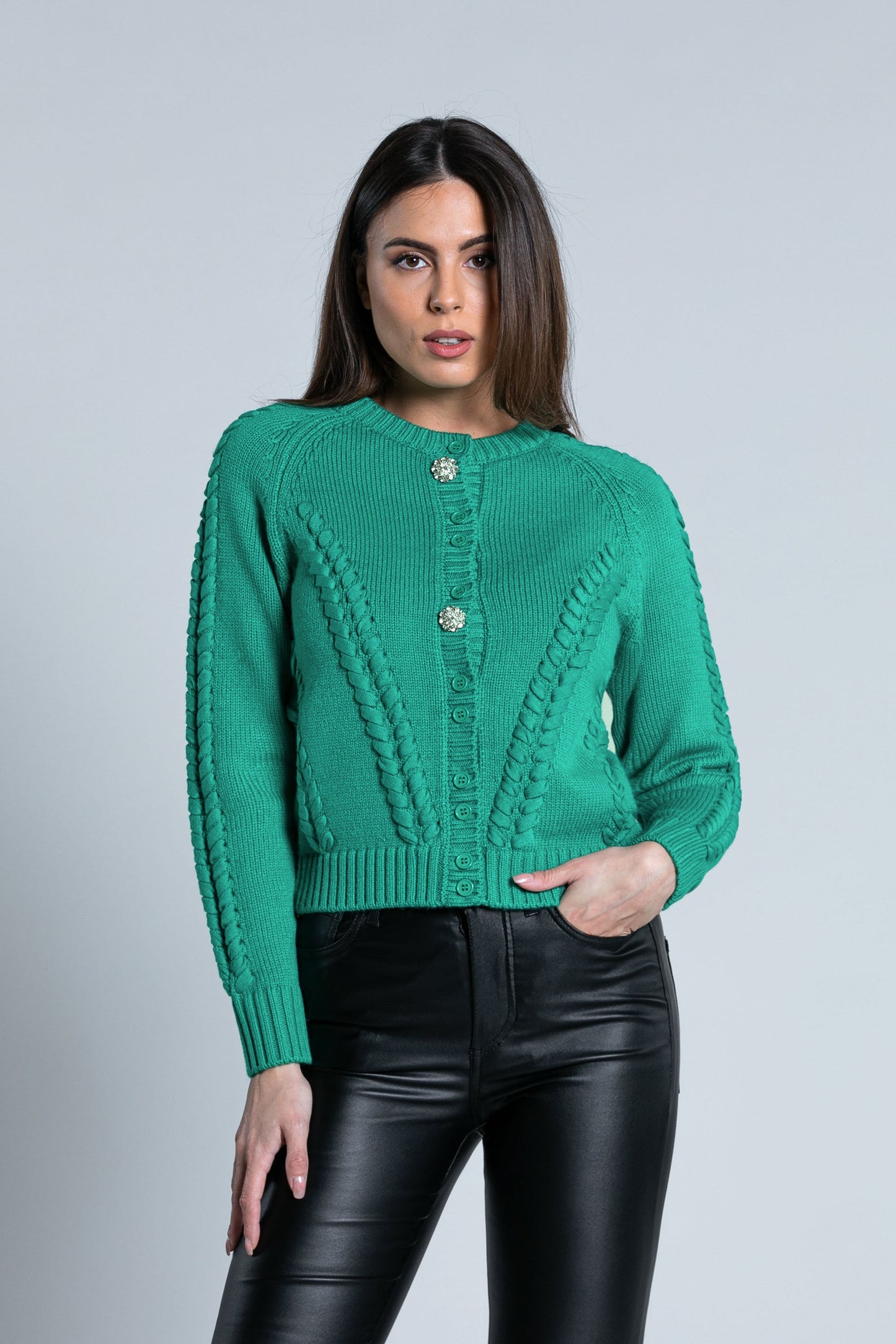 STIC 长袖圆领开衫，饰有编织细节和珠宝纽扣