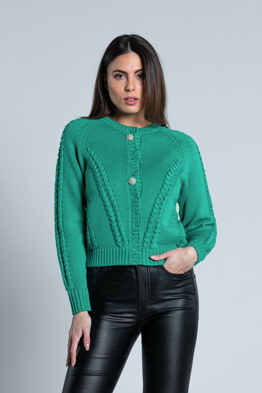 STIC 长袖圆领开衫，饰有编织细节和珠宝纽扣