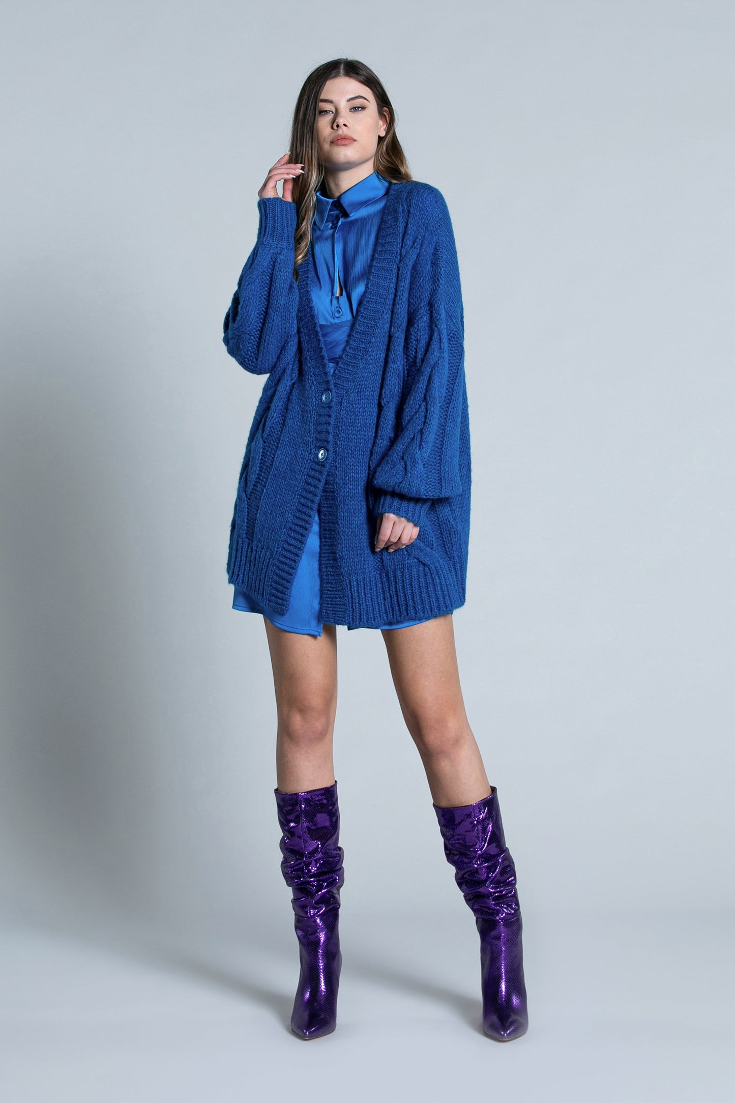 TOSHO 纽扣加编织长款气球袖开衫