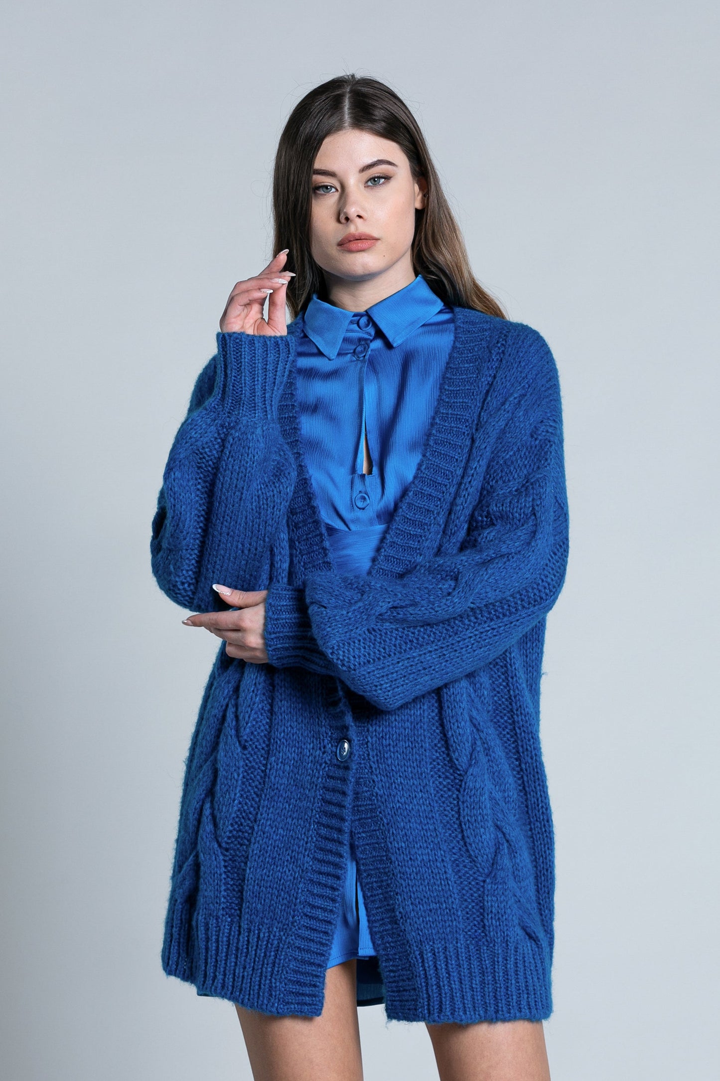 TOSHO 纽扣加编织长款气球袖开衫