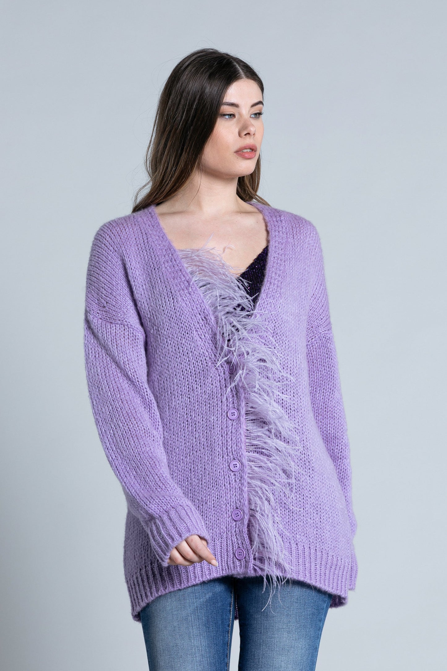 SENZAV 纽扣羽毛廓形长袖开衫