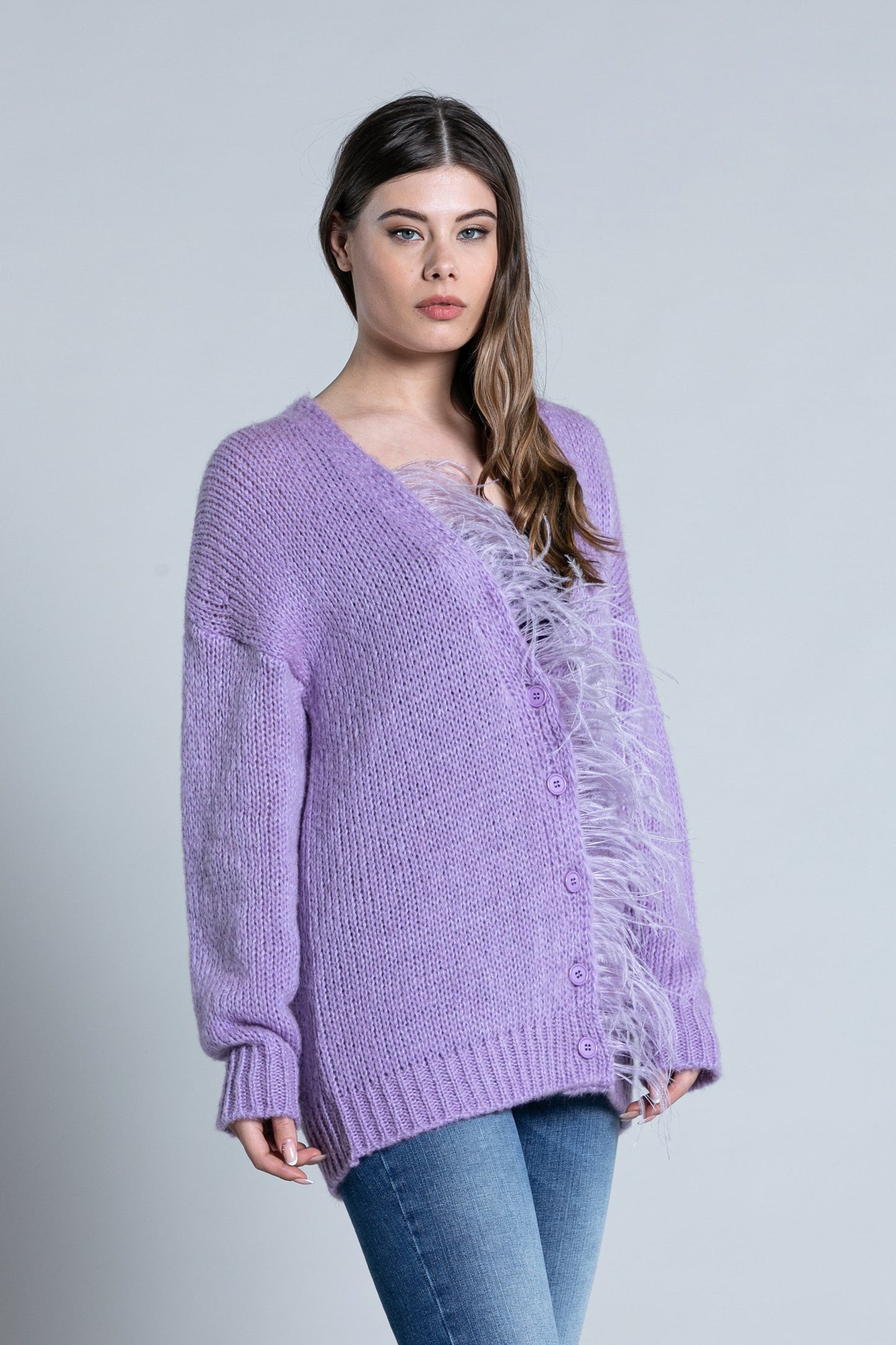 SENZAV 纽扣羽毛廓形长袖开衫