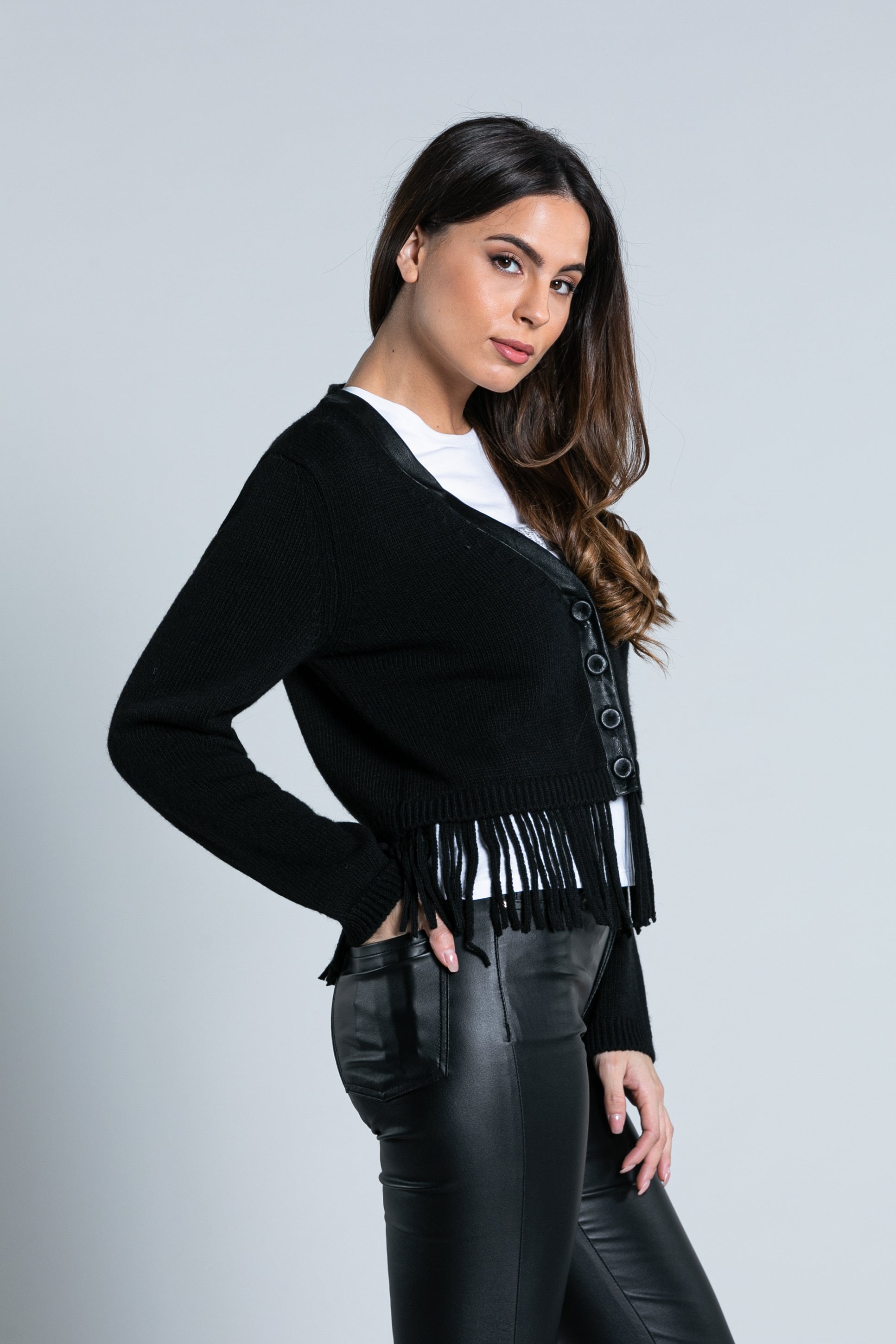 DOCIOT 人造皮革边缘和流苏短款长袖开衫
