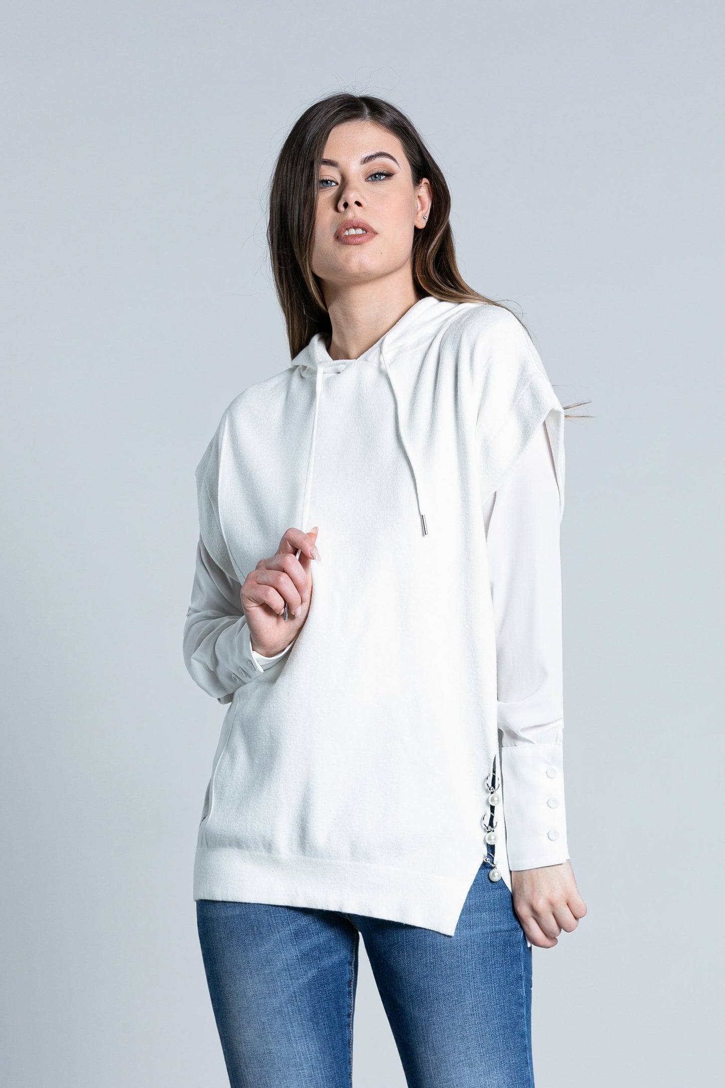 ACCAV长款半袖卫衣连帽加抽绳开衩加圆环加珍珠