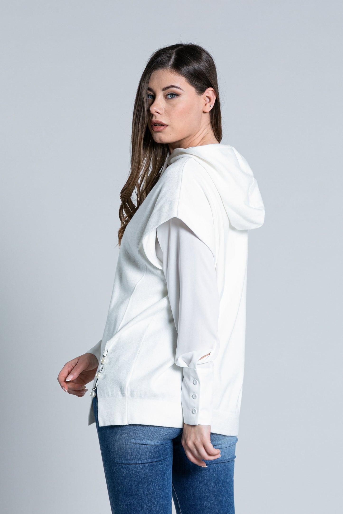 ACCAV长款半袖卫衣连帽加抽绳开衩加圆环加珍珠