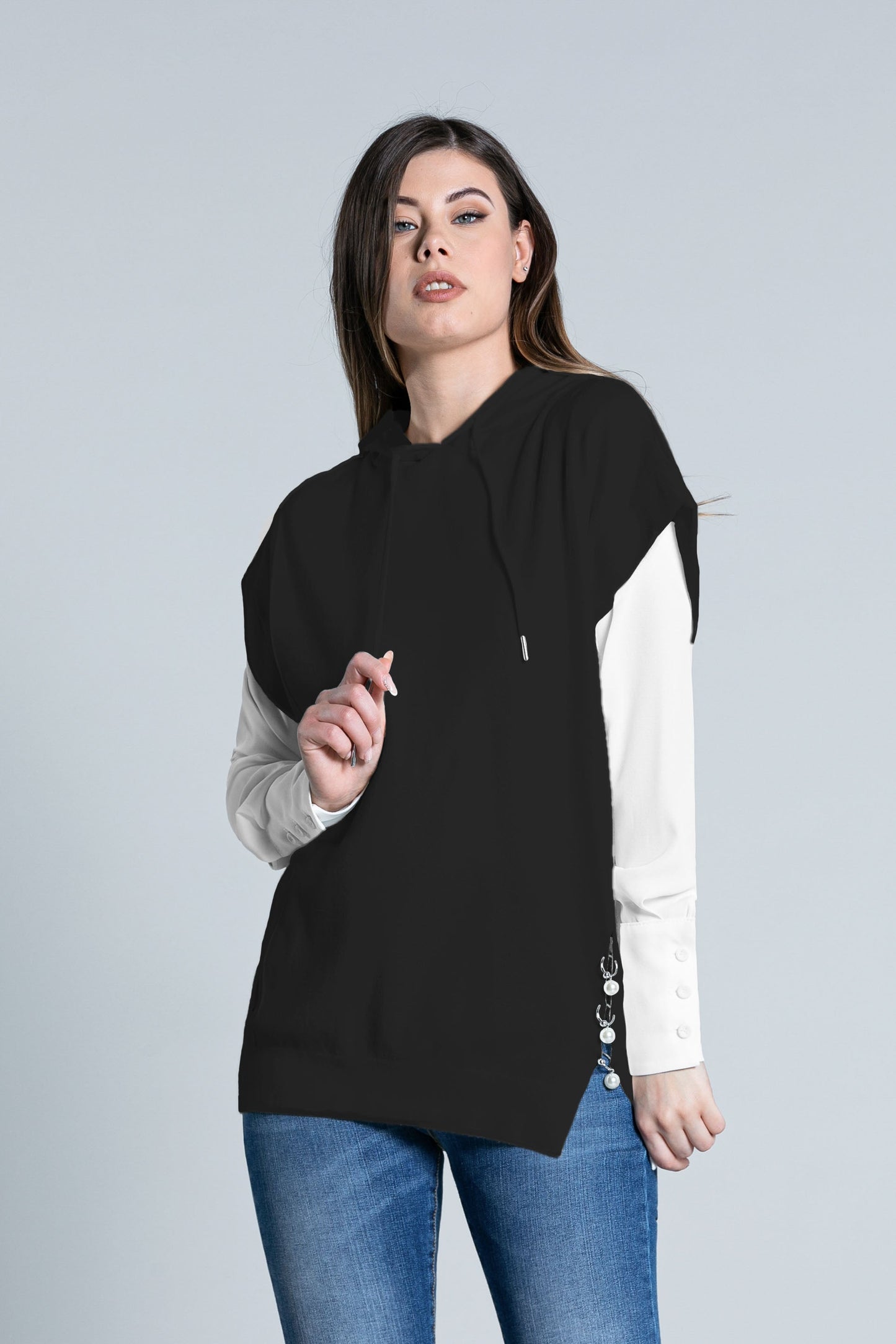 ACCAV长款半袖卫衣连帽加抽绳开衩加圆环加珍珠