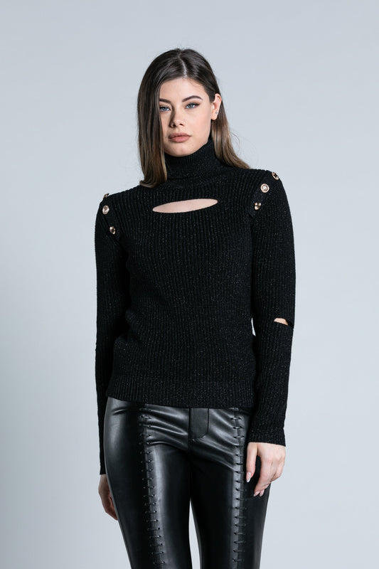 VITI 长袖高领毛衣，胸部垂坠加细节加卢勒克斯纽扣