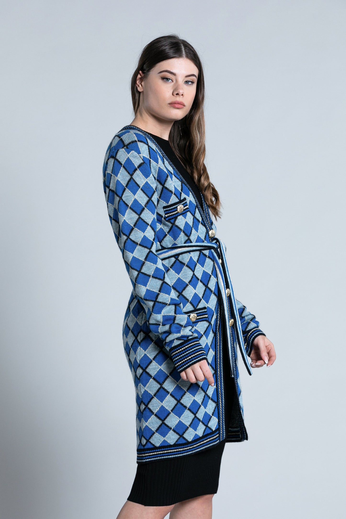 SHAN 翻盖长袖开衫加多色菱形纽扣加卢勒克斯