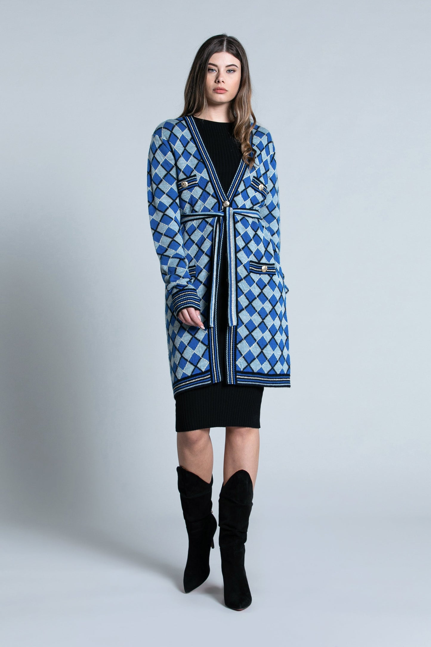 SHAN 翻盖长袖开衫加多色菱形纽扣加卢勒克斯