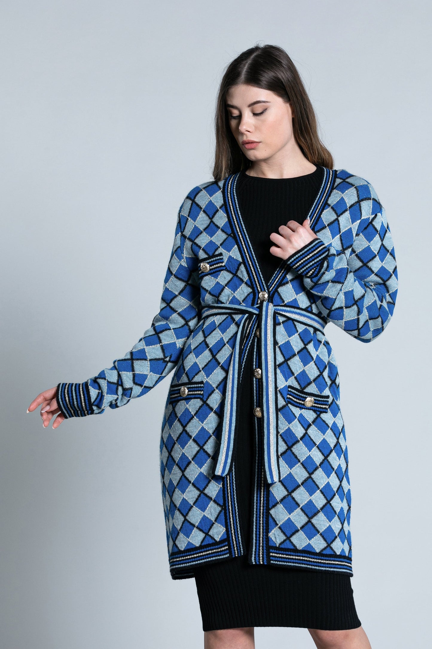 SHAN 翻盖长袖开衫加多色菱形纽扣加卢勒克斯