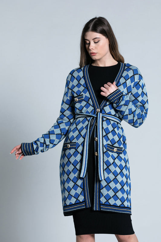 SHAN 翻盖长袖开衫加多色菱形纽扣加卢勒克斯