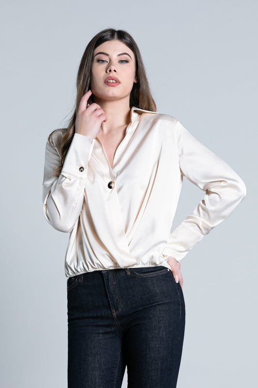 TORAS 衬衫长袖交叉领口带纽扣加不对称松紧带