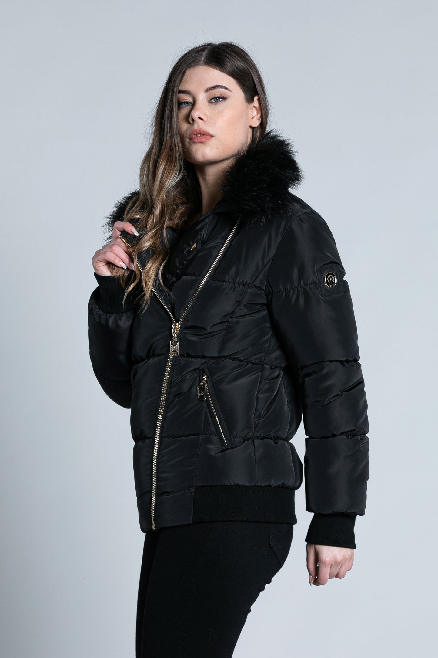 SCHET 长袖羽绒服，带拉链加口袋加人造毛皮加罗纹饰面