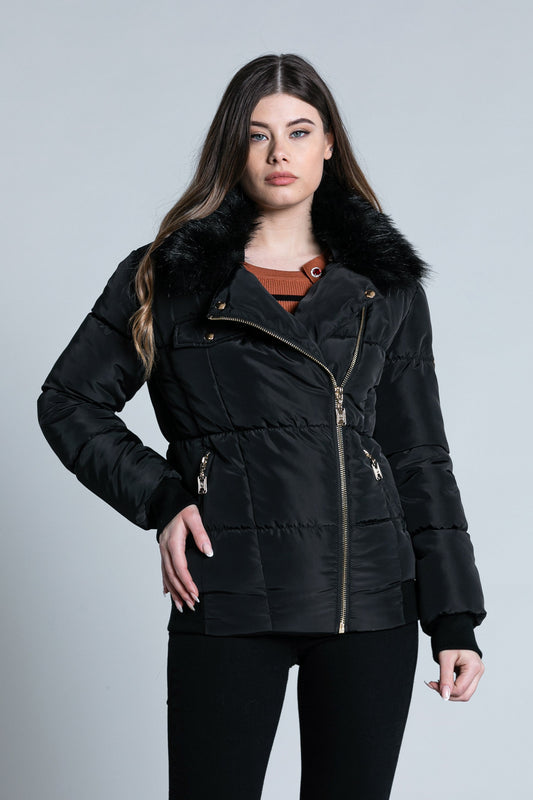 SCHET 长袖羽绒服，带拉链加口袋加人造毛皮加罗纹饰面