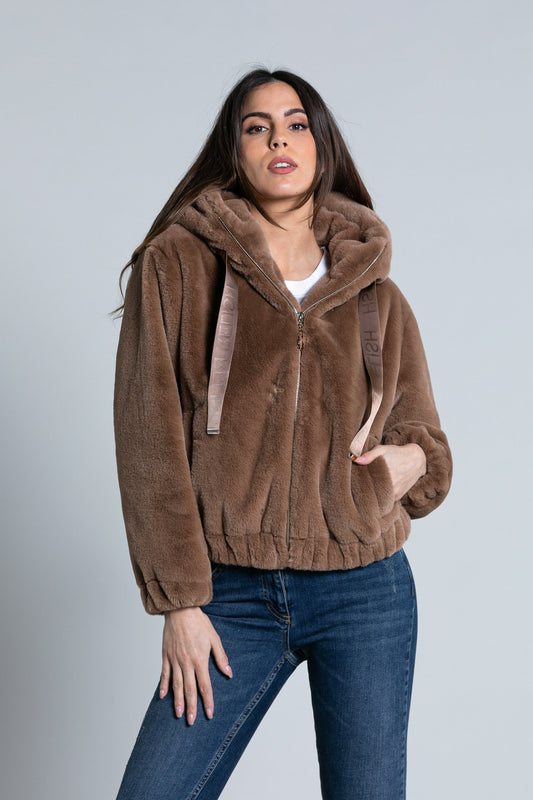 YUPP 生态毛皮长袖带拉链加兜帽加标志带加弹性 f.do