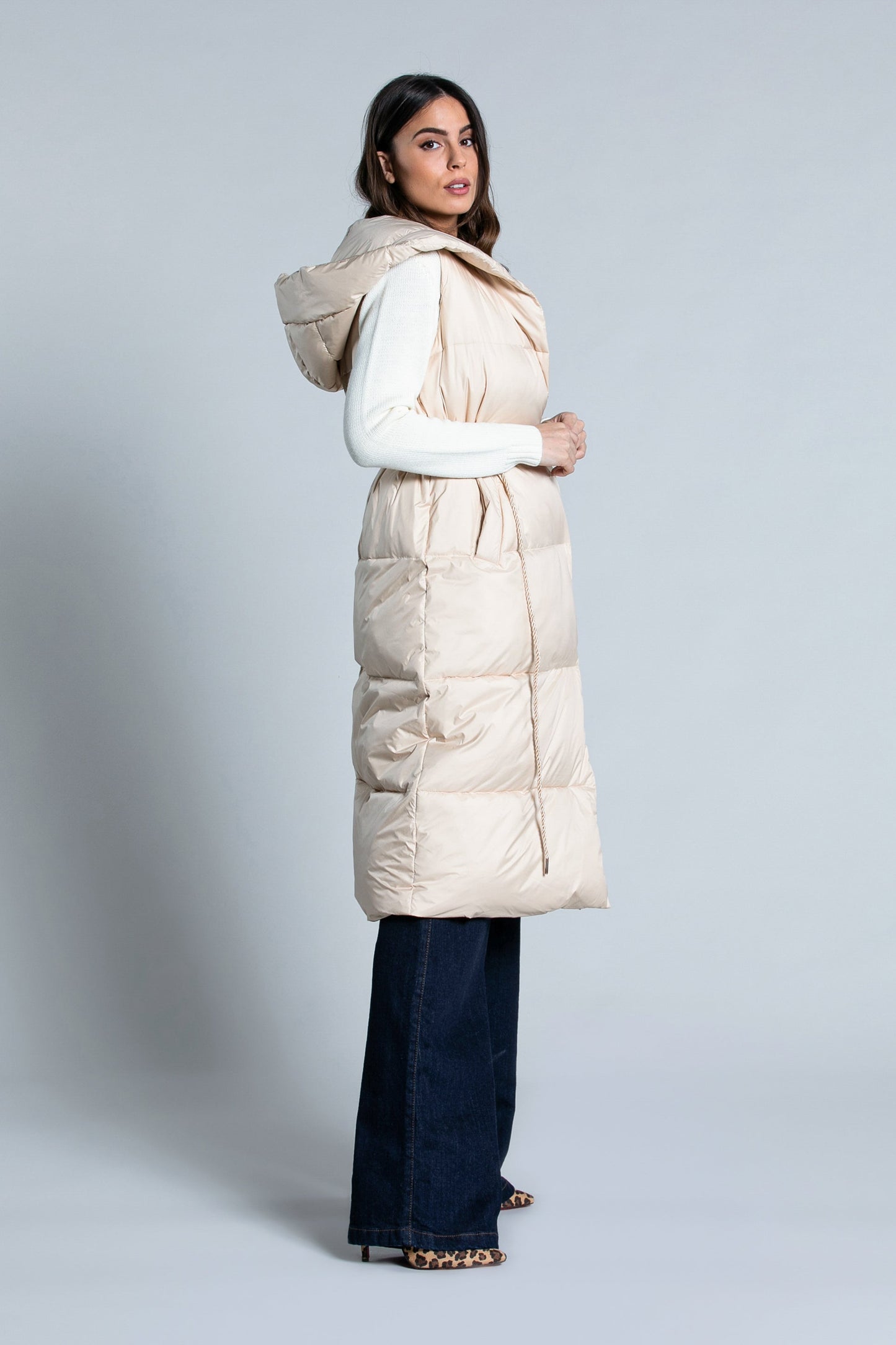 SMANIK长款无袖羽绒服连帽加纽扣加口袋加抽绳